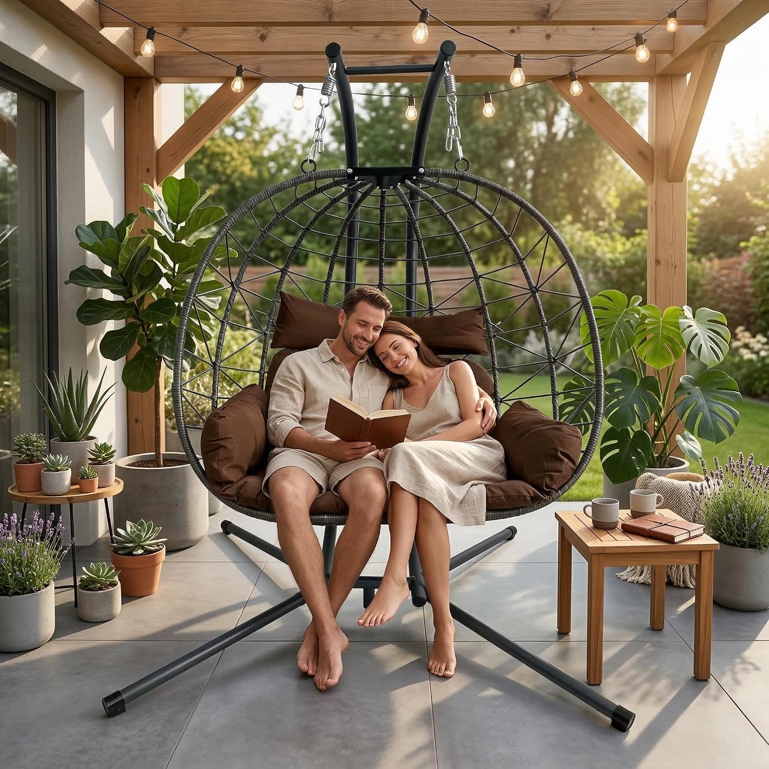 JOYBASE Double Swing Egg Chair with Stand, 2-Person Hanging Egg Chair Wicker Rattan Oversized Swinging Chair for Outdoor Indoor Garden Patio (Brown)