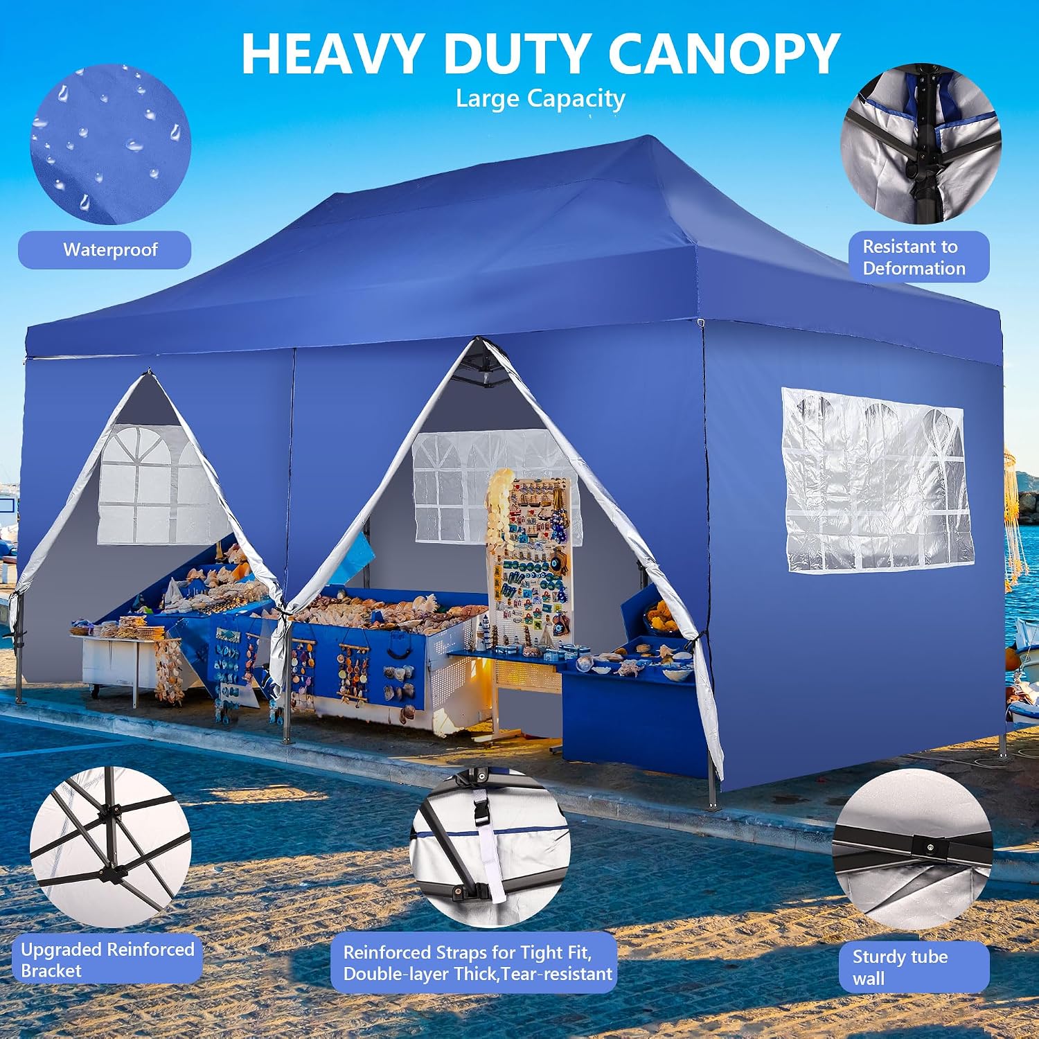 GDY 10'x20' Pop Up Canopy, Folding Party Tent with 6-Panel Removable Sidewalls, Heavy Duty Outdoor Commercial Instant Gazebo with Wheeled Bag, Blue.