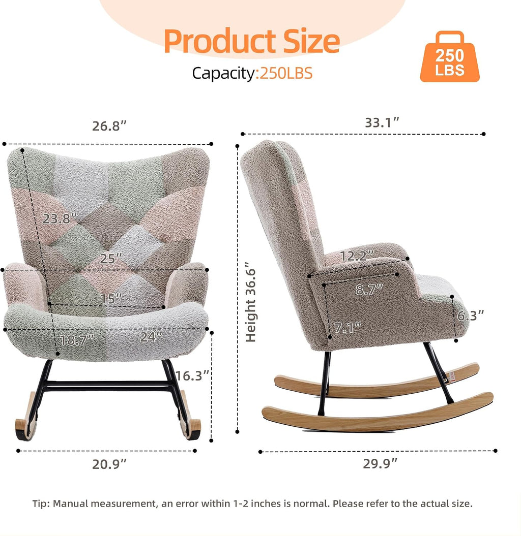 Nursery Rocking Chair Teddy Upholstered Glider Rocker Rocking Accent Chair with High Backrest Armchair Comfy Side Chair for Living Room, Bedroom, Offices (Brouce)