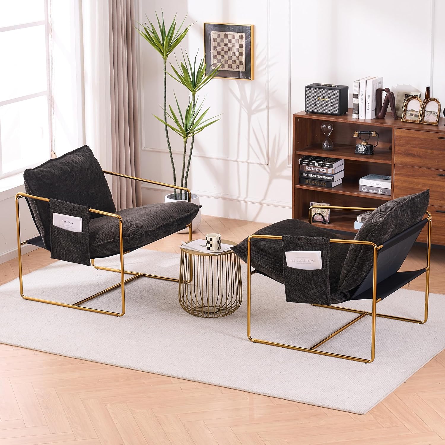 Comfy Sling Accent Chair Set of 2 Upholstered Hanging Armchairs with Pockets Metal Frame Skin-Friendly Fabric Reading Chair for Living Room Bedroom (Dark Grey Cushion & Gold Metal Frame)