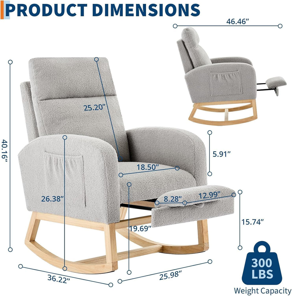 Rocking Chair Nursery Chairs with Foot Rest, Recliner Armchair with High Backrest& Wood Legs and Side Pocket for Living Room,Bedroom,Light Gray