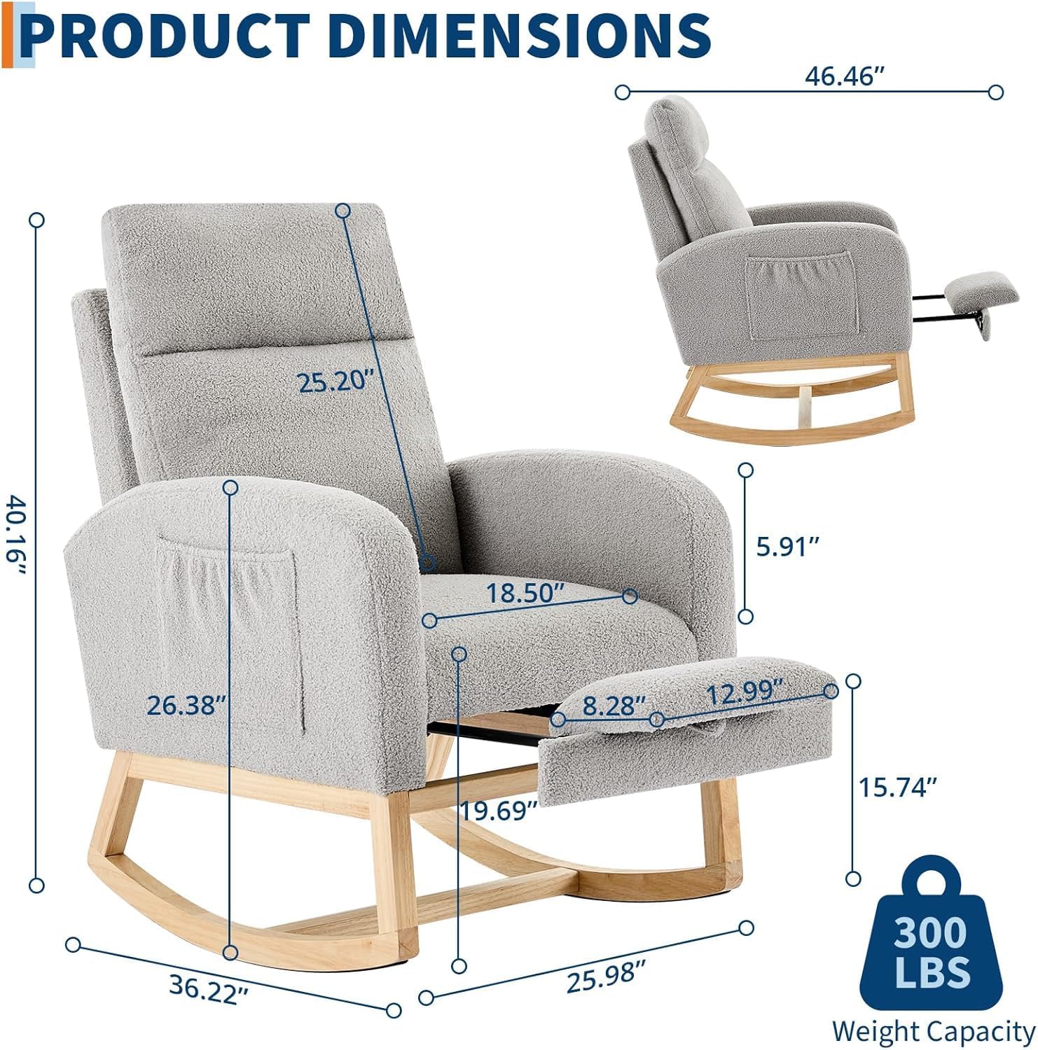 Rocking Chair Nursery Chairs with Foot Rest, Recliner Armchair with High Backrest& Wood Legs and Side Pocket for Living Room,Bedroom,Light Gray