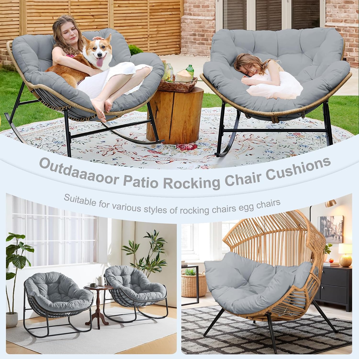 Outdoor Rocking Chair Cushion – Waterproof Wicker Egg Chair Replacement Pad, Thick Papasan Seat Cushion with Ties for Indoor & Outdoor Patio, Porch, Balcony, or Garden (Light Gray)