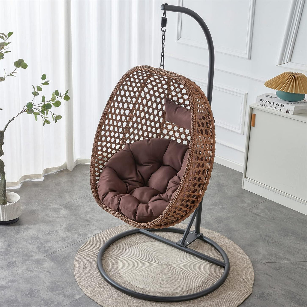 LKTART Egg Swing Chair with Stand Rattan Hanging Egg Chair with Cushions and Pillow Relaxing Chair Foldable Basket & Metal Stand Indoors or Outside