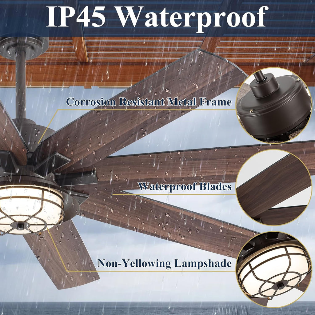 NORFOLK Outdoor Ceiling Fans with Lights and Remote, Waterproof 52 Inch Ceiling Fan with 3 Color LED Light for Patios, Gazebos, and Indoor, Wet Rated Farmhouse Modern Style