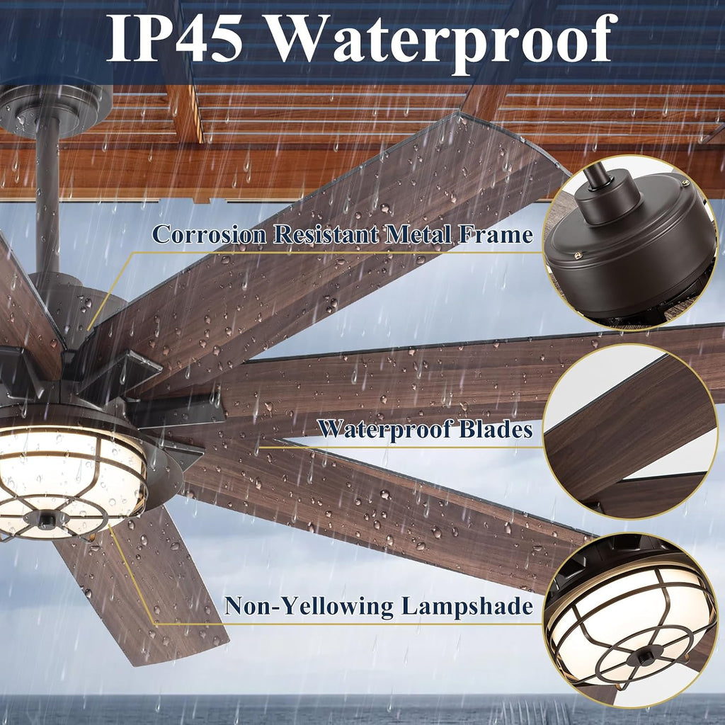 NORFOLK Outdoor Ceiling Fans with Lights and Remote, Waterproof 60 Inch Ceiling Fan with 3 Color LED Light for Patios, Gazebos, and Indoor, Wet Rated Farmhouse Modern Style