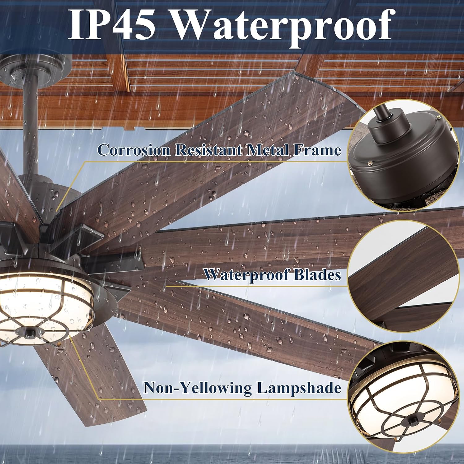 NORFOLK Outdoor Ceiling Fans with Lights and Remote, Waterproof 60 Inch Ceiling Fan with 3 Color LED Light for Patios, Gazebos, and Indoor, Wet Rated Farmhouse Modern Style