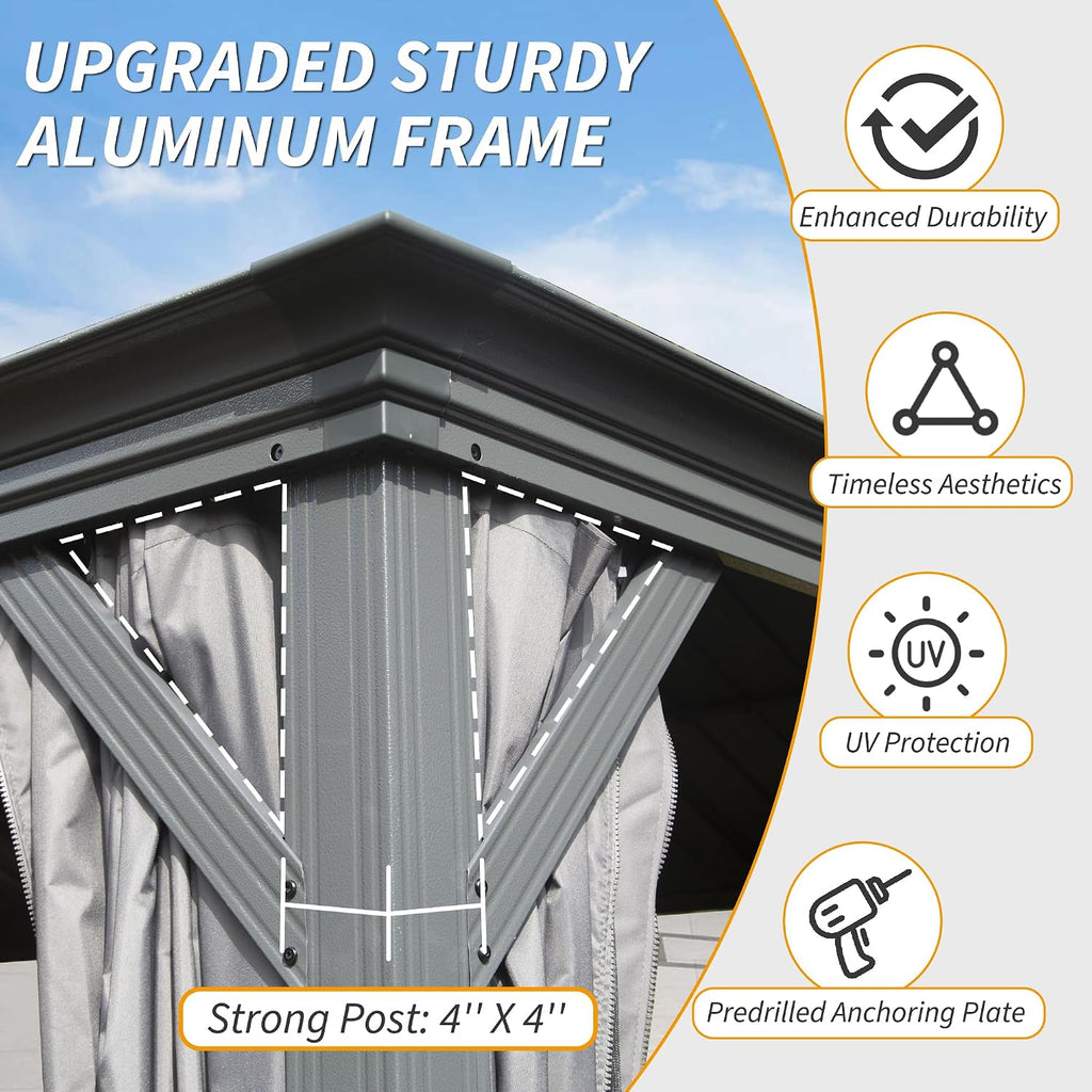GOWE 14' X 20' Hardtop Gazebo, Upgraded Metal Gazebo with Drainage System, Dual-Layer Galvanized Steel Roof, Curtain and Netting, Outdoor Shelter Canopy for Patio, Garden, and Backyard, Grey