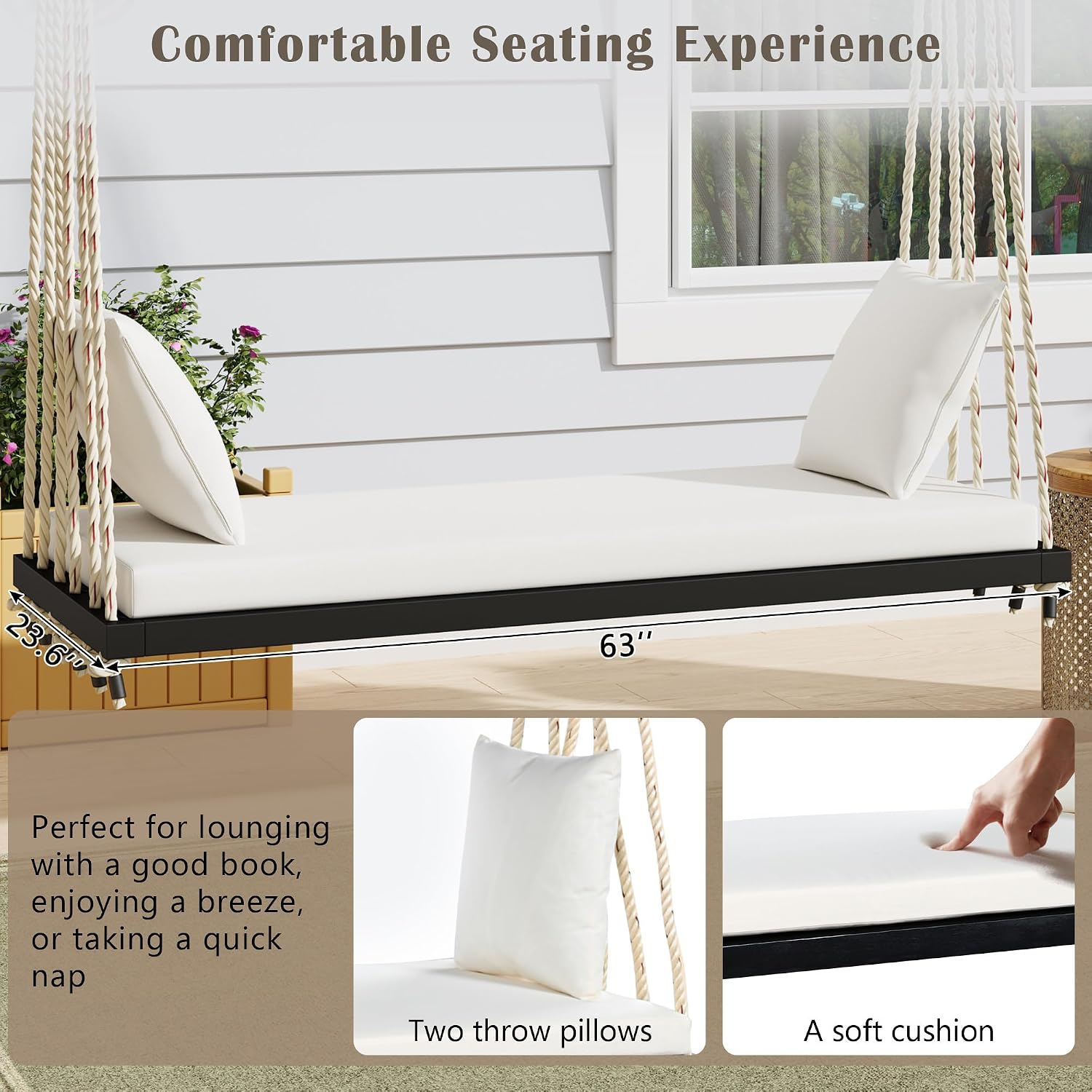 Merax Outdoor Patio Wooden Swing Chair, 2-Seat Hanging Porch Hammock Bench with Cushion & Pillows, 10.8Ft Hemp Ropes for Garden, Backyard, Lawn, Black