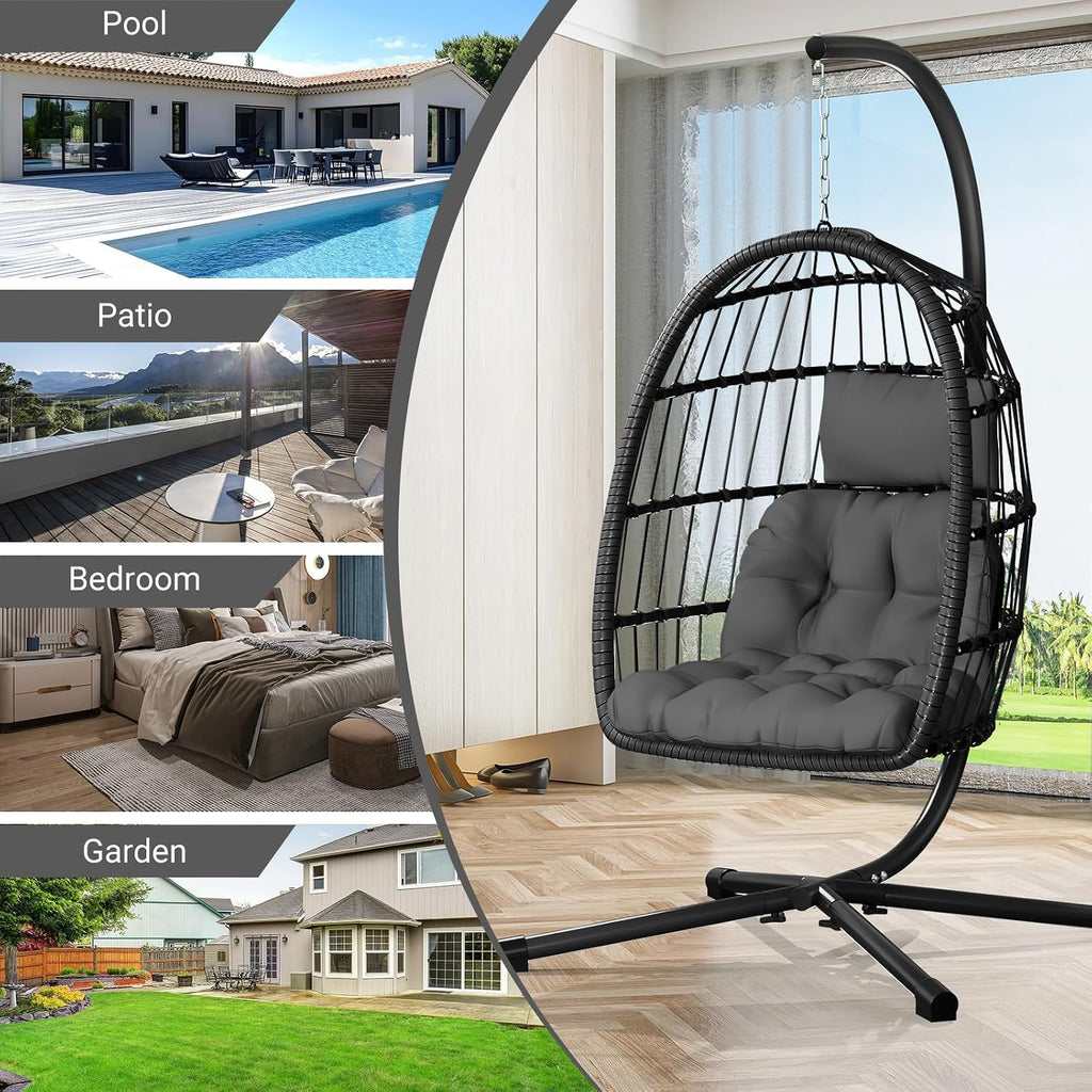 CHABATREE Egg Chair with Stand,Patio Rattan Wicker Hanging Swing Egg Chair Hammock Chair for Bedroom Porch Garden,Thickened Aluminum Alloy Steel Frame and UV Resistant Cushion,350LBS Capacity