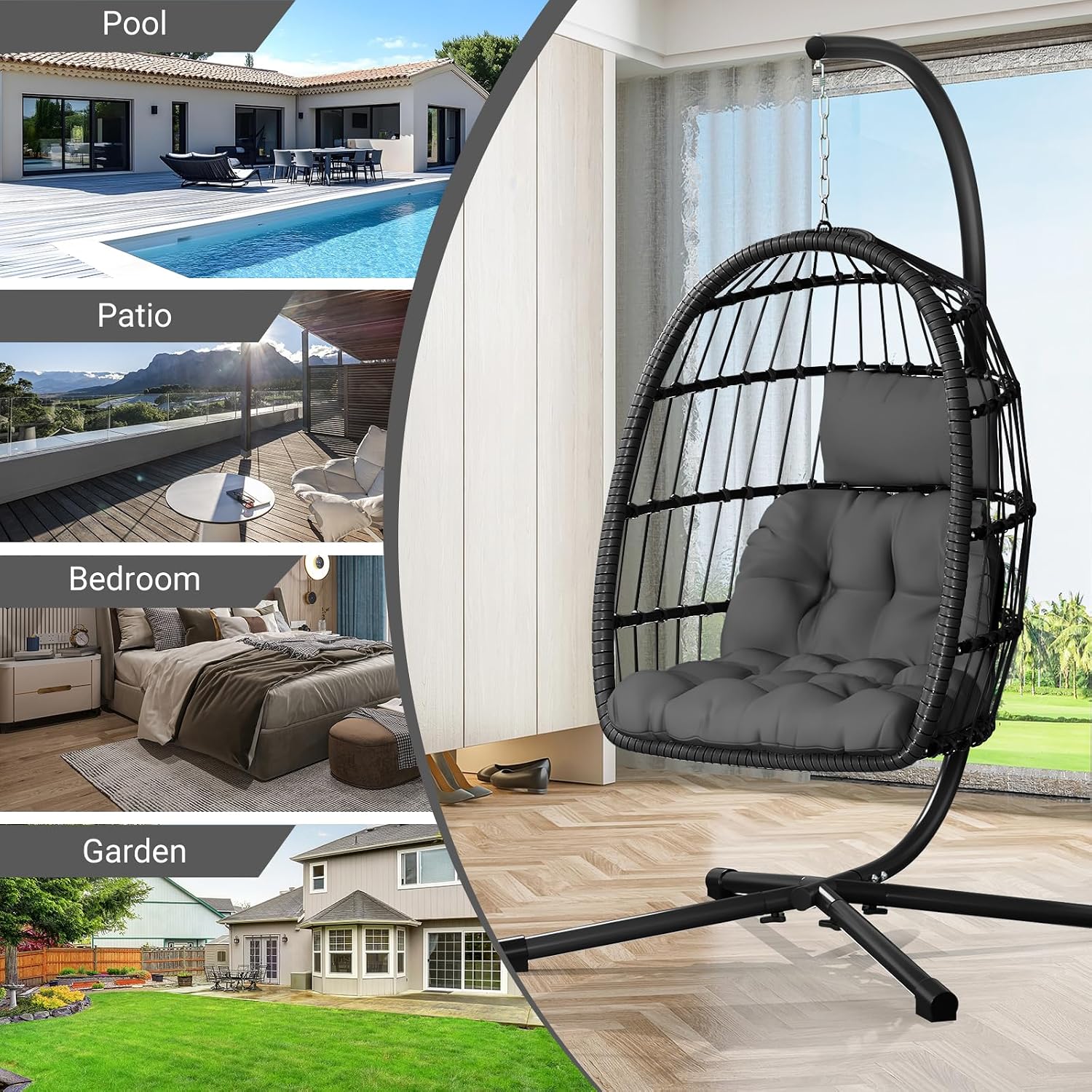 CHABATREE Egg Chair with Stand,Patio Rattan Wicker Hanging Swing Egg Chair Hammock Chair for Bedroom Porch Garden,Thickened Aluminum Alloy Steel Frame and UV Resistant Cushion,350LBS Capacity