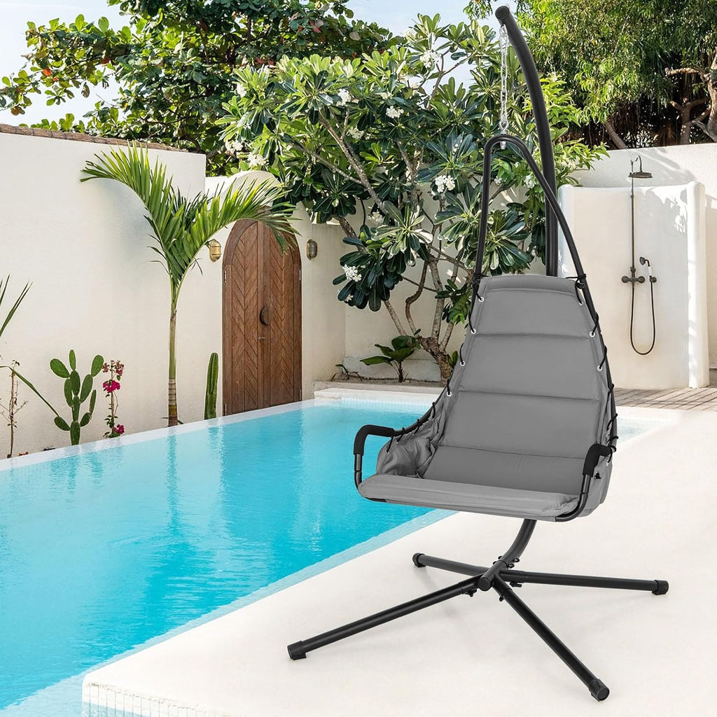 Tangkula Swing Chair with Stand, Hanging Egg Chair with Cushion, Indoor Outdoor Hammock Chair with Steel Rustproof Frame for Patio Backyard Porch Garden