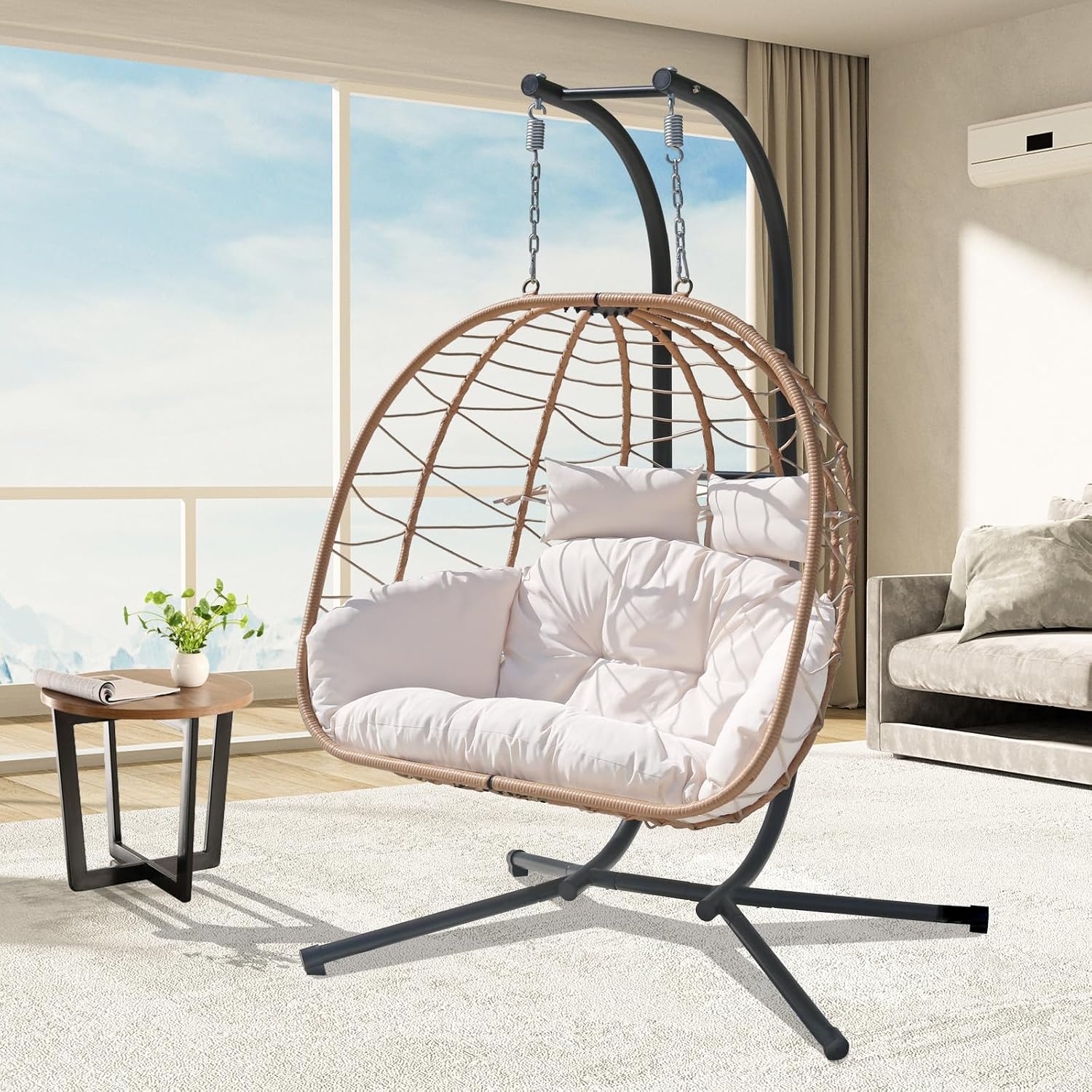 Double Hammock Egg Chair 2 Person Egg Chair Indoor Outdoor Swing with Stand Patio Wicker Hanging Chair Widened and Enlarged for Balcony Bedroom Porch Adults Kids