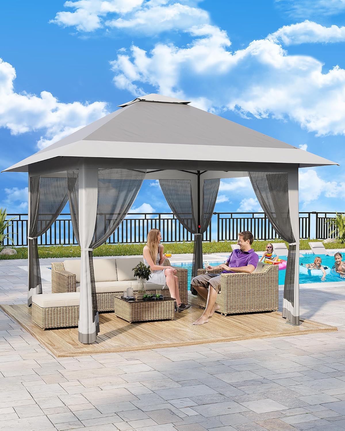 13'x13' Pop Up Gazebo, Outdoor Canopy Tent with Mosquito Netting, Pop Up Canopy with Double Roof Design & Adjustable Height, UV-Resistant Patio Gazebo Sunshade for Graden/Backyard/Lawn/Beach (Gray)
