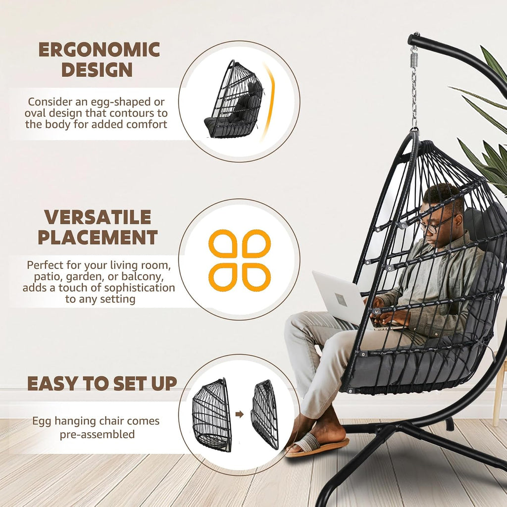 Chihee Egg Chair Foldable Wicker Rattan Hanging Swing Chairs Indoor Outdoor Patio Wicker Chair Hammock Chair with Stainless Steel Hanging Kit Chain Link UV Resistant Cushion Bedroom Balcony