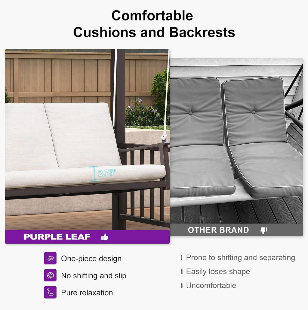 PURPLE LEAF 3-Seat Porch Swing Outdoor Metal Pergola Swing Bed Hanging Cloud Swing Chair with Stand for Backyard Garden Patio Hammock Swinging, Cushion and Pillows Included, Coffee