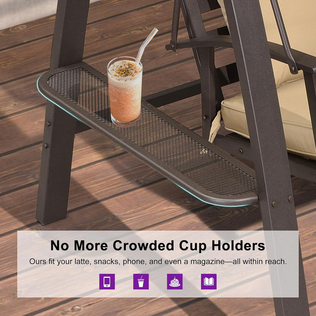 PURPLE LEAF 3-Seat Porch Swing with Adjustable PVC Canopy Metal Patio Bench Glider Swing Bed Outdoor Swing Chair with Stand and Side Cup Holder for Outside Garden Porch, Cushion and Pillows Included