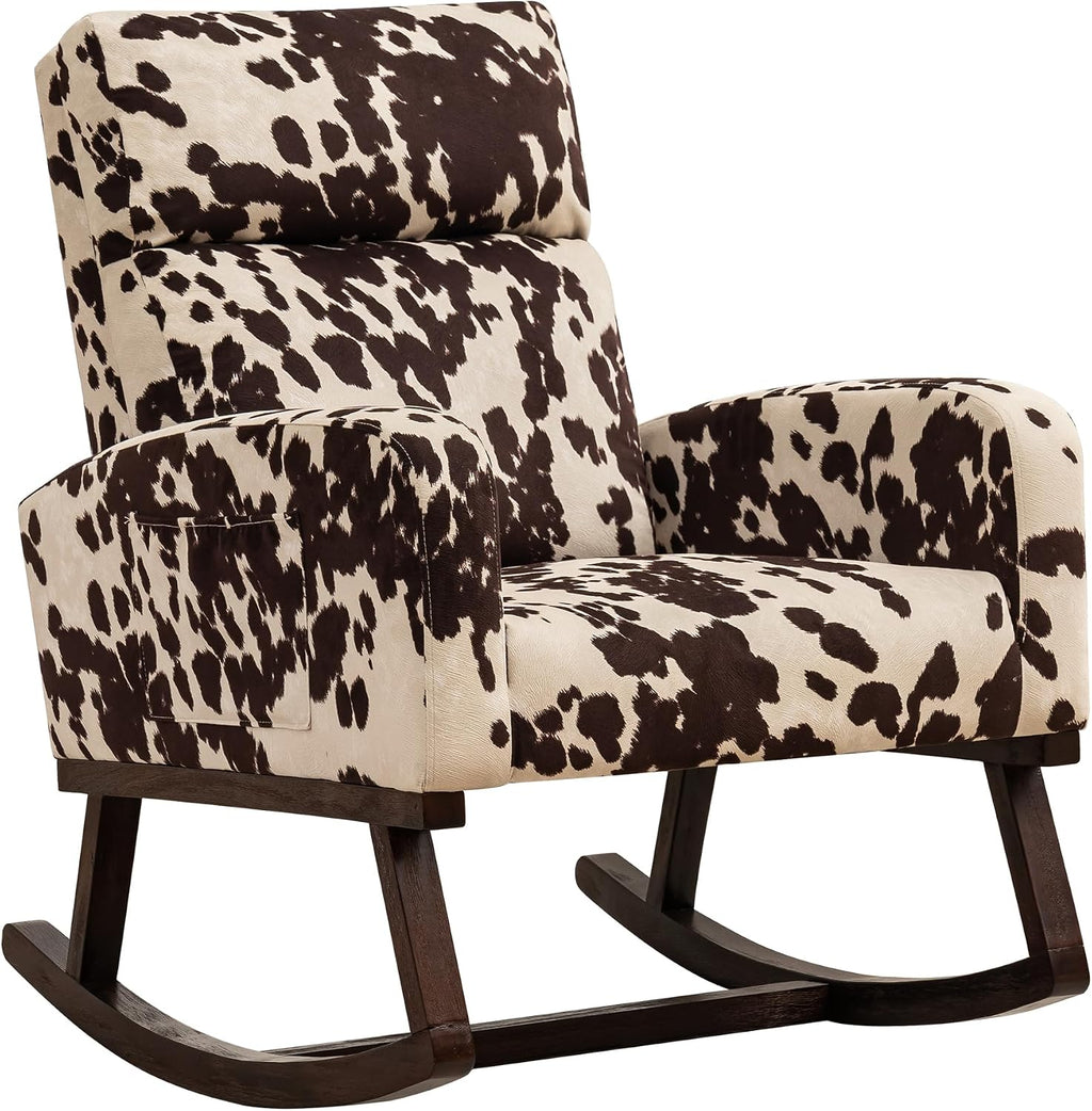 Nursery Rocking Chairs, Cow Printed Fabric Glider Chair Nursery Chair for Mom with High Backrest, Side Pocket and Extended Wood Legs for Bedroom Living Room, Cow