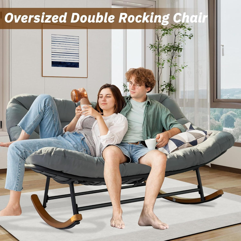Rocking Papasan Chair,Patio Rocking Chairs for 2-Person Indoor & Outdoor,Oversized Rocking Chair with Thicken Cushion and Steel Frame,Rocker Lounge Chair for Yard,Living Room,Grey