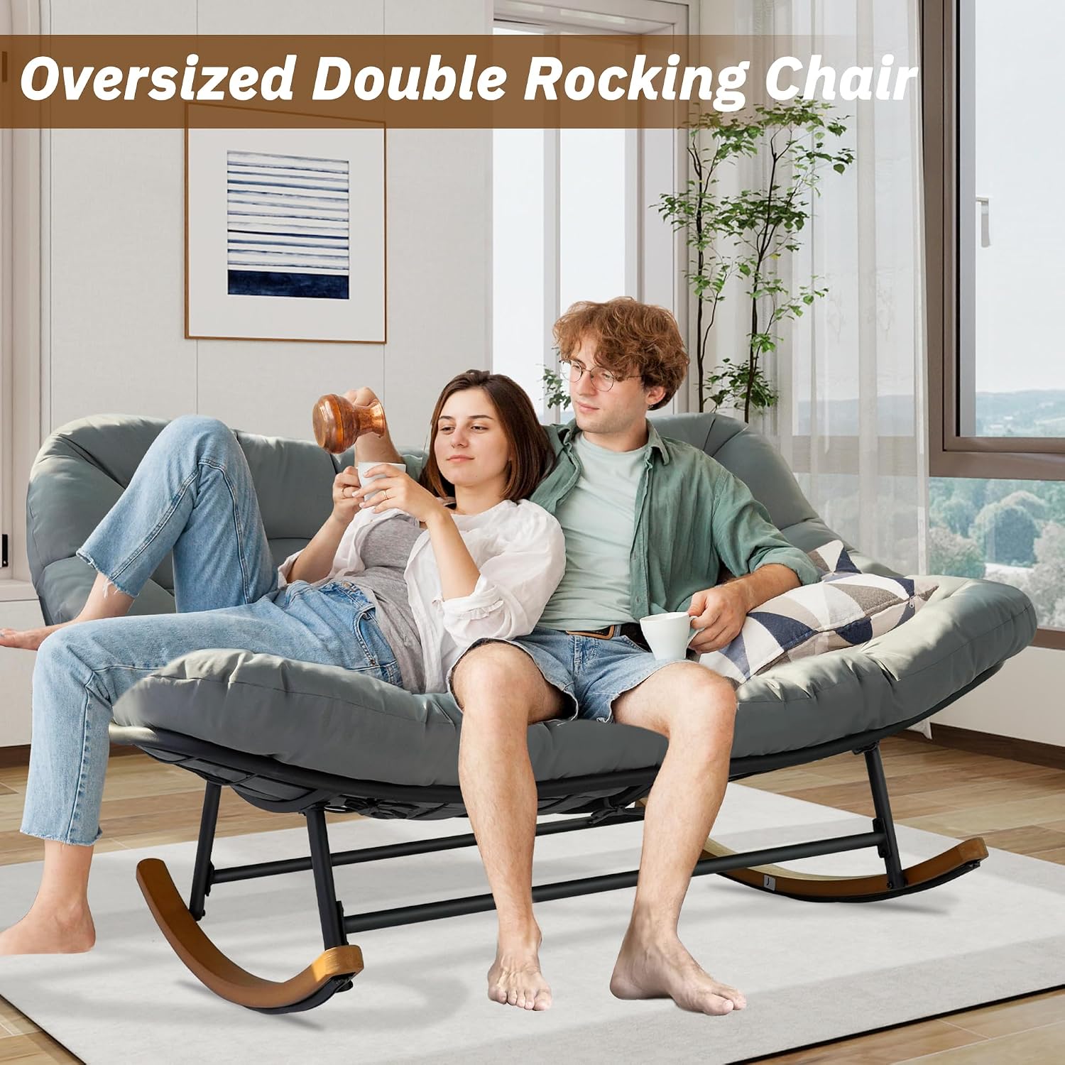 Rocking Papasan Chair,Patio Rocking Chairs for 2-Person Indoor & Outdoor,Oversized Rocking Chair with Thicken Cushion and Steel Frame,Rocker Lounge Chair for Yard,Living Room,Grey