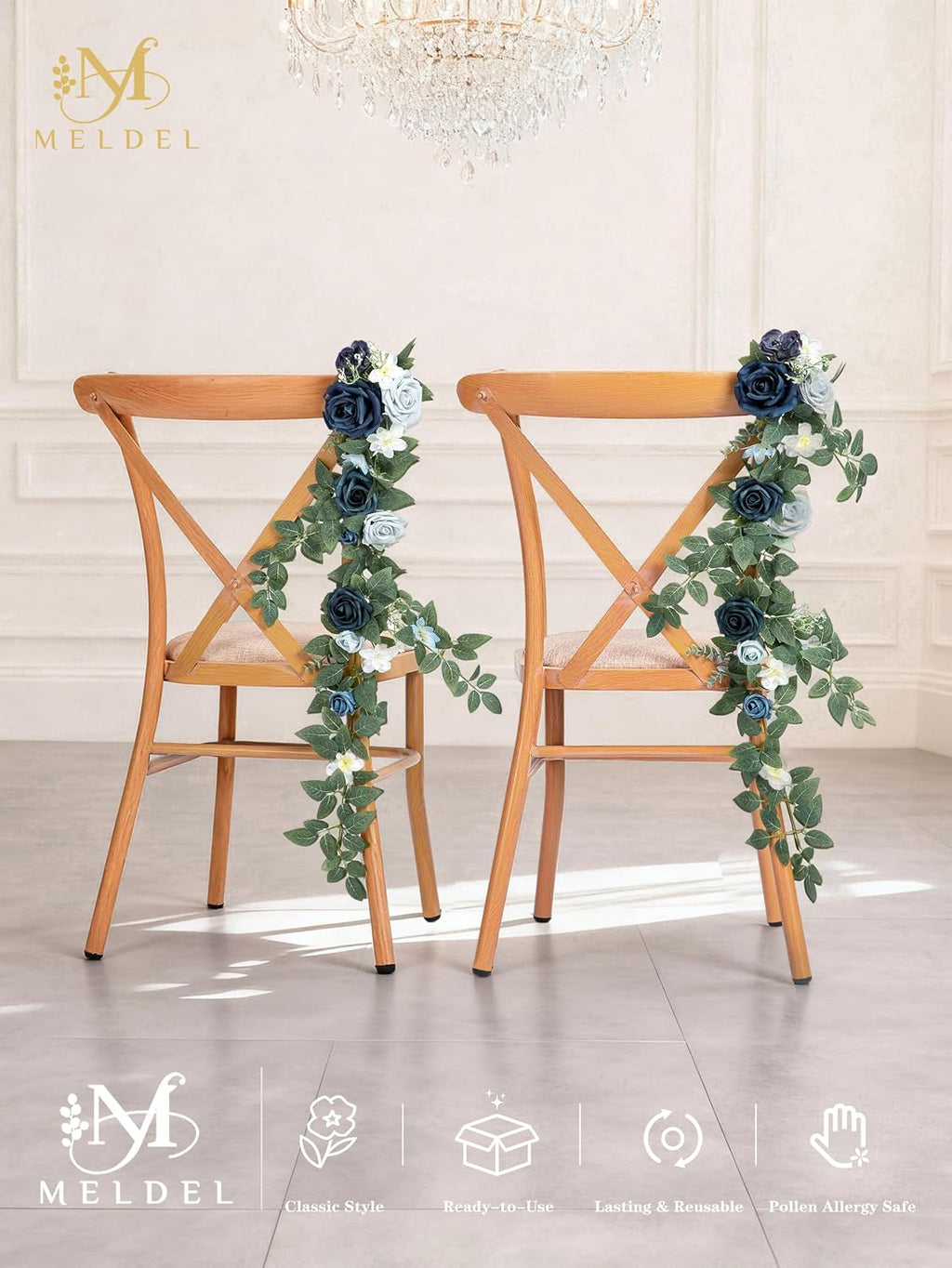 10pcs Wedding Aisle Decorations Chair Floral Swag Artificial Pew Flowers Hanging Garland White Blue & Nave for Ceremony Reception Church Rose Floral Faux Arrangement Party Outdoor Garden Decor