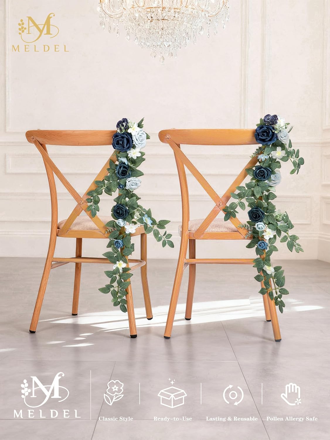 10pcs Wedding Aisle Decorations Chair Floral Swag Artificial Pew Flowers Hanging Garland White Blue & Nave for Ceremony Reception Church Rose Floral Faux Arrangement Party Outdoor Garden Decor