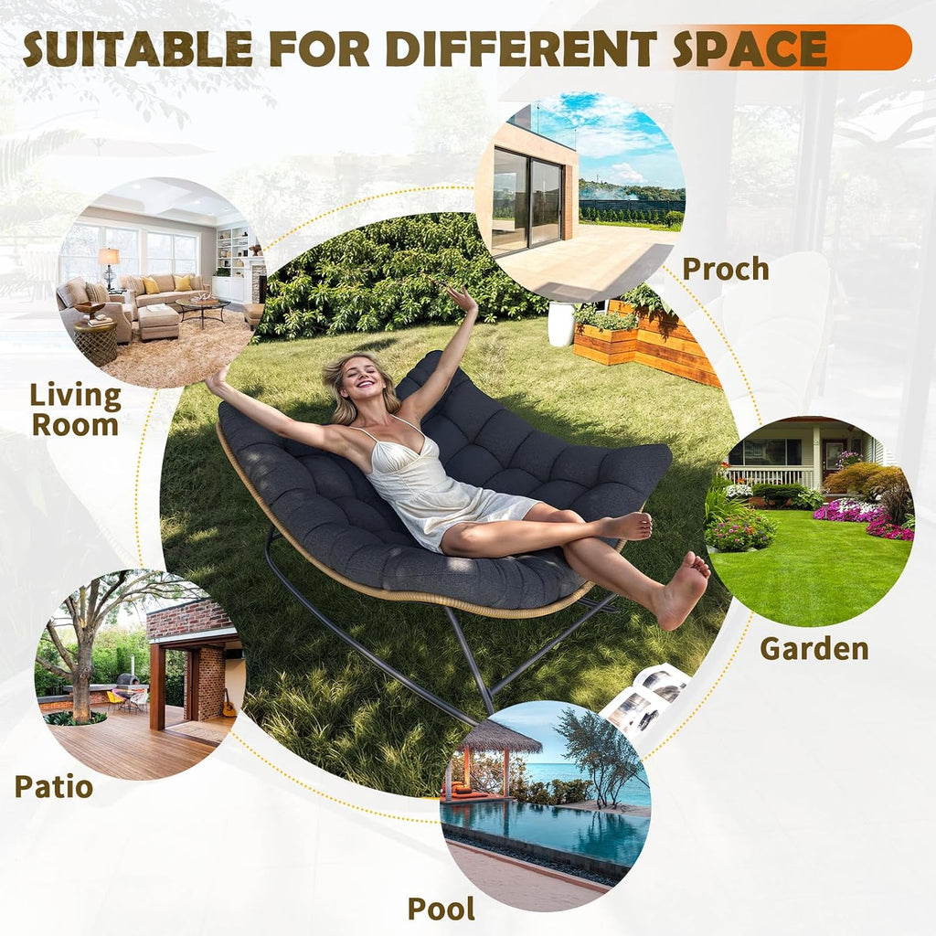 Outdoor Rocking Chair, Indoor Papasan Chair, Oversized Egg Rocking Chair with Thick Cushion, Rattan Wicker Rocker Lounge Chair for Bedroom, Living Room, Patio, Garden, Porch (Dark Grey)