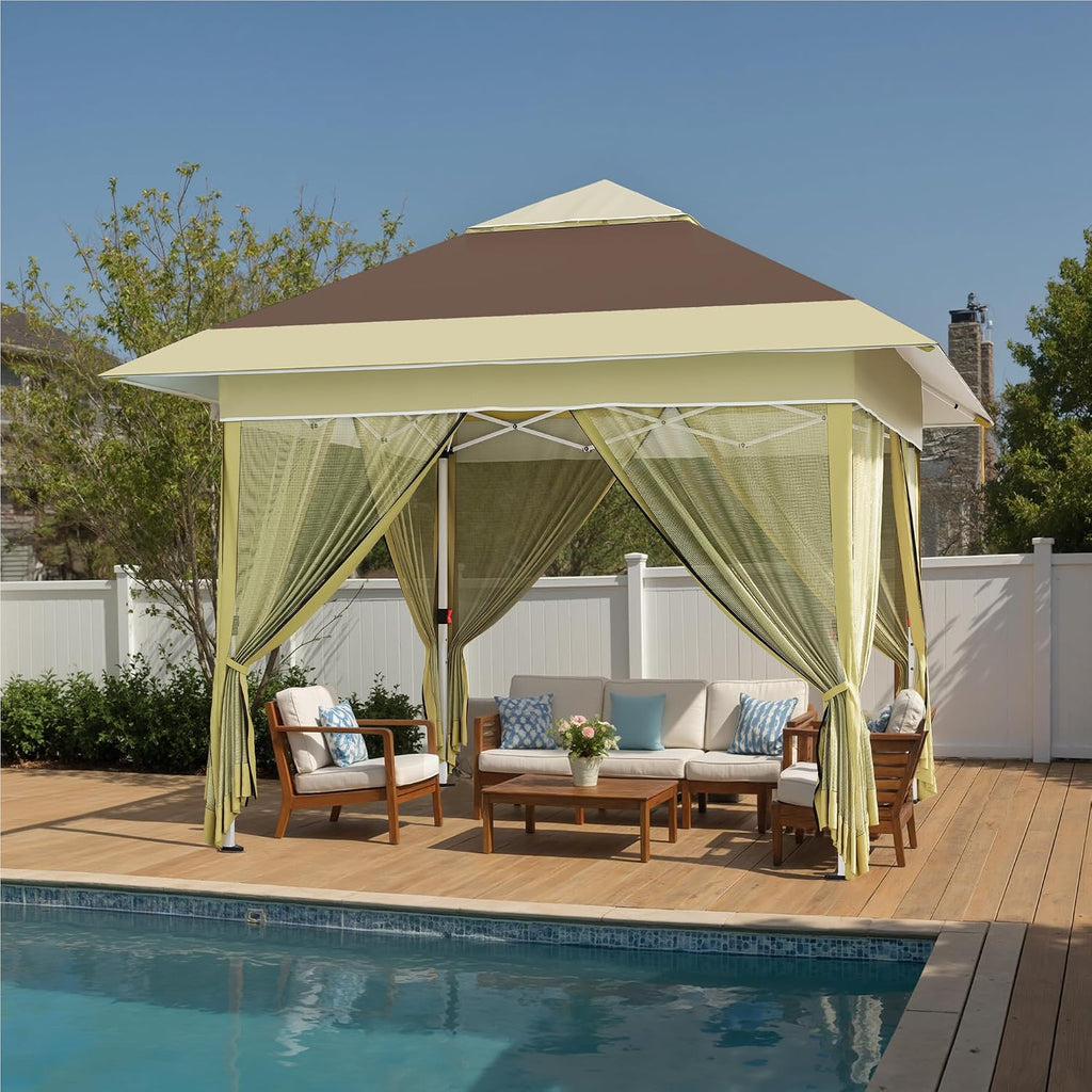 Devoko 10x10 Pop Up Gazebo Canopy Tent with Double Roof – Instant Shelter for Backyard, Garden, Party, Patio, Lawn – Portable Vented Outdoor Shade (Brown)