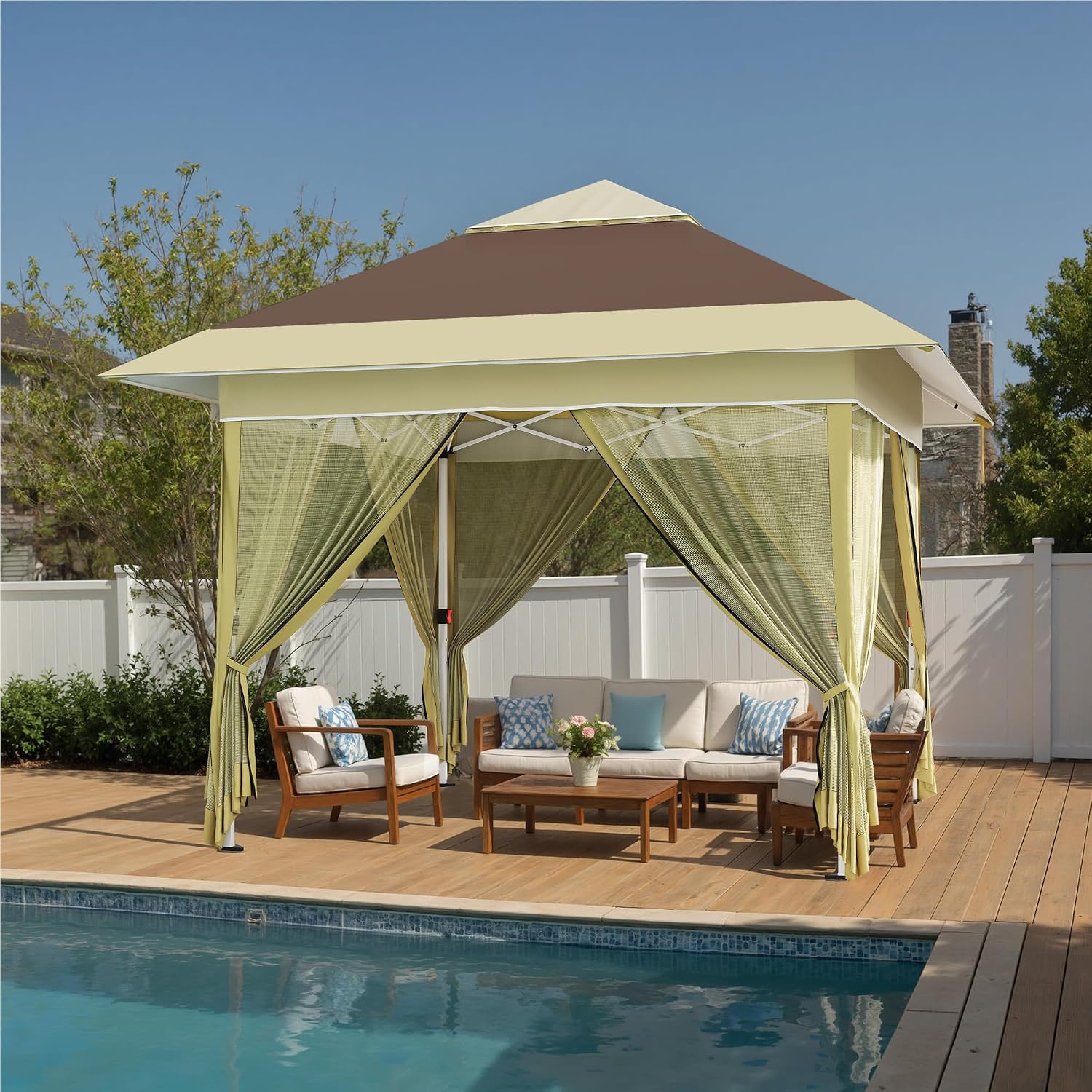 Devoko 10x10 Pop Up Gazebo Canopy Tent with Double Roof – Instant Shelter for Backyard, Garden, Party, Patio, Lawn – Portable Vented Outdoor Shade (Brown)
