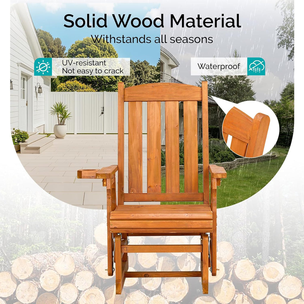 VINGLI Outdoor Glider Chair Wood Patio Glider with Cup Holder, Porch Glider with Smooth Rocking Mechanism, Heavy Duty 600 LBS