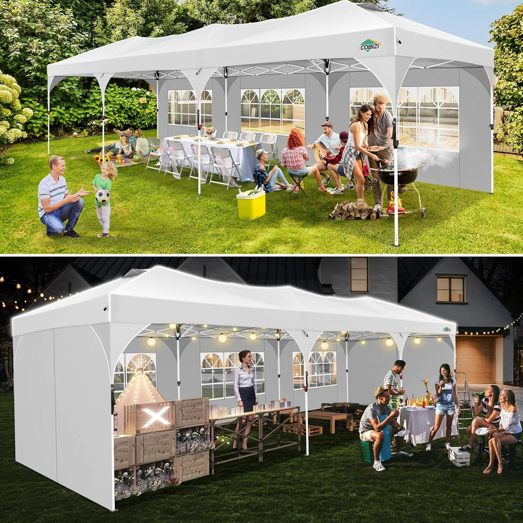 COBIZI 10x30 Pop Up Canopy Tent, Outdoor Party Tent with 5 Sidewalls, 1 Person Easy Set up, Tents for Parties with Fluorescent Strip & 4 Sandbags, Waterproof UPF50+, 3 Adjustable Height, White