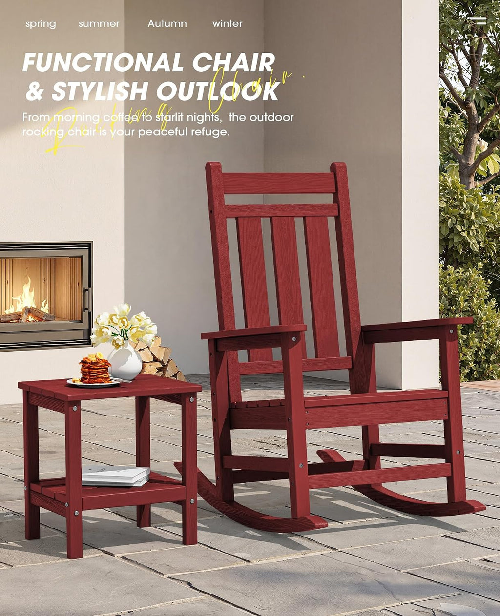 KINGYES Oversized Outdoor Rocking Chair Set of 2, All-Weather Patio Rocking Chairs for Porch, HDPE Outdoor Patio Rockers with High Back & Wide Seat for Garden, Lawn, Red