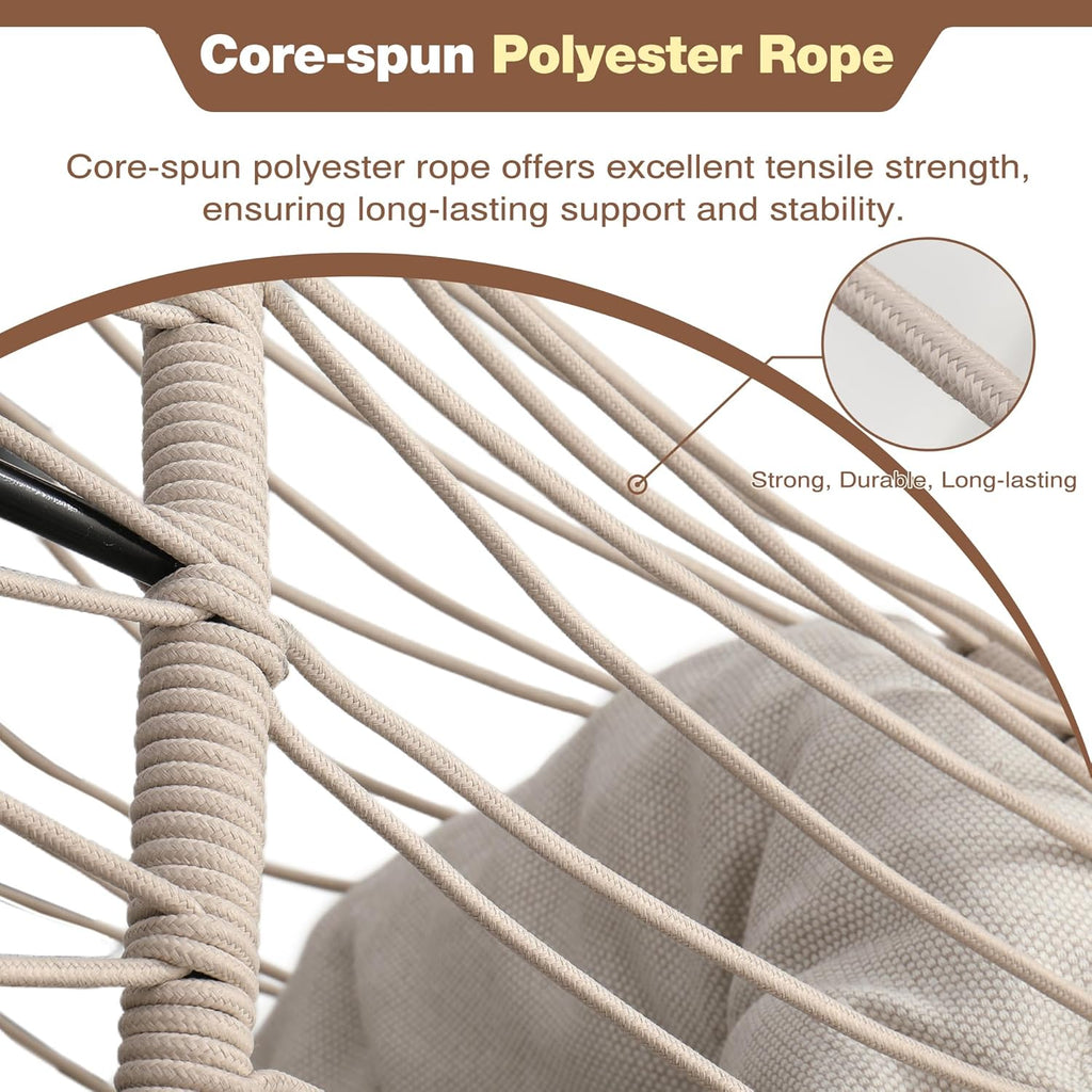 Hanging Egg Chair with Stand, Foldable Hammock Swing Chair Made by Durable All-Weather Core-Spun Polyester Rope with Yarn-Dyed Fabric Cushion for Indoor Outdoor, 350Lbs Capacity (Grey Cushion)