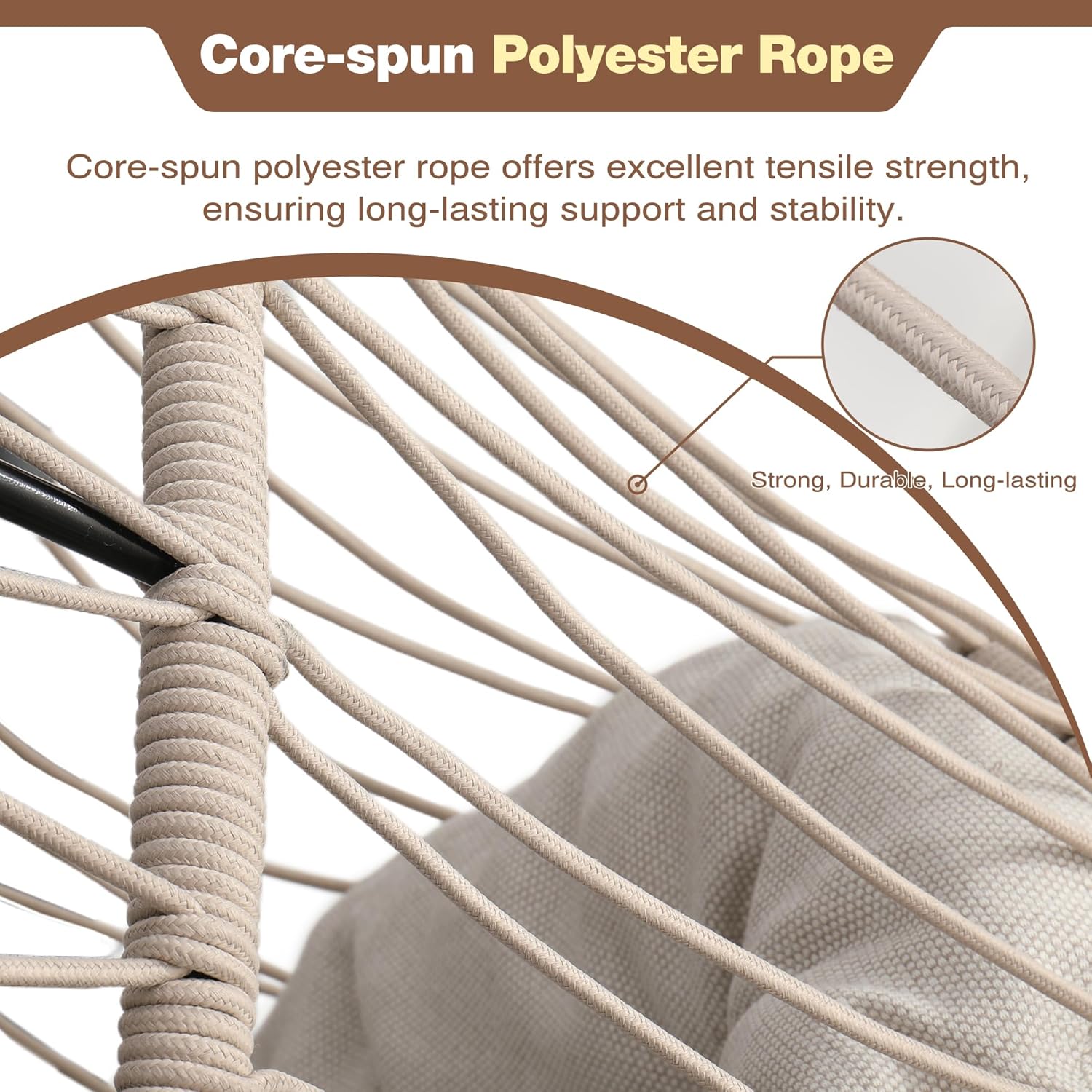 Hanging Egg Chair with Stand, Foldable Hammock Swing Chair Made by Durable All-Weather Core-Spun Polyester Rope with Yarn-Dyed Fabric Cushion for Indoor Outdoor, 350Lbs Capacity (Grey Cushion)