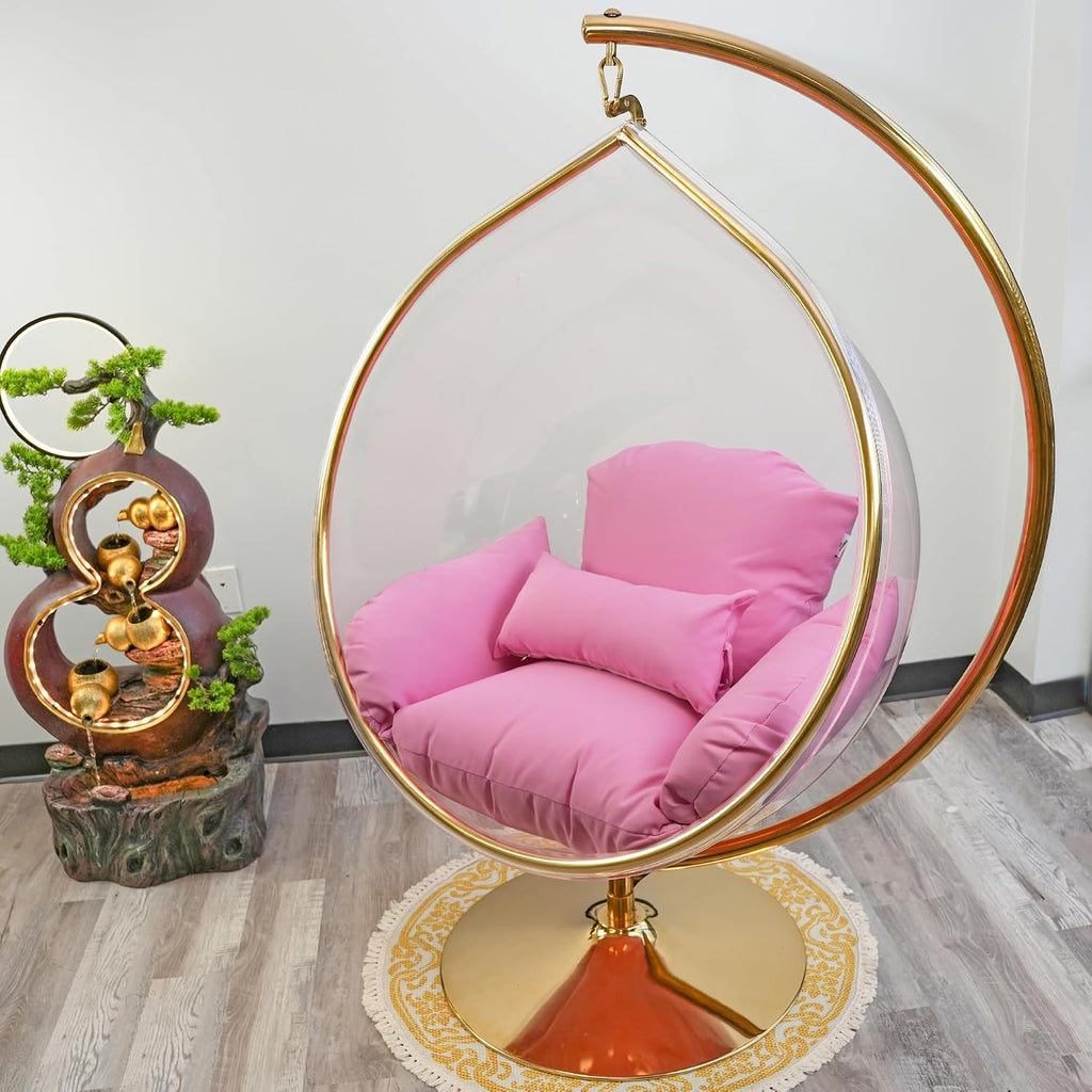 Hanging Chair - Transparent Acrylic Bubble, Waterdrop Shape, Indoor Swing Chair with Gold/Chrome Stand, Durable Fabric Cushion - Luxury Accent for Living Room, Bedroom (Gold/Pink)