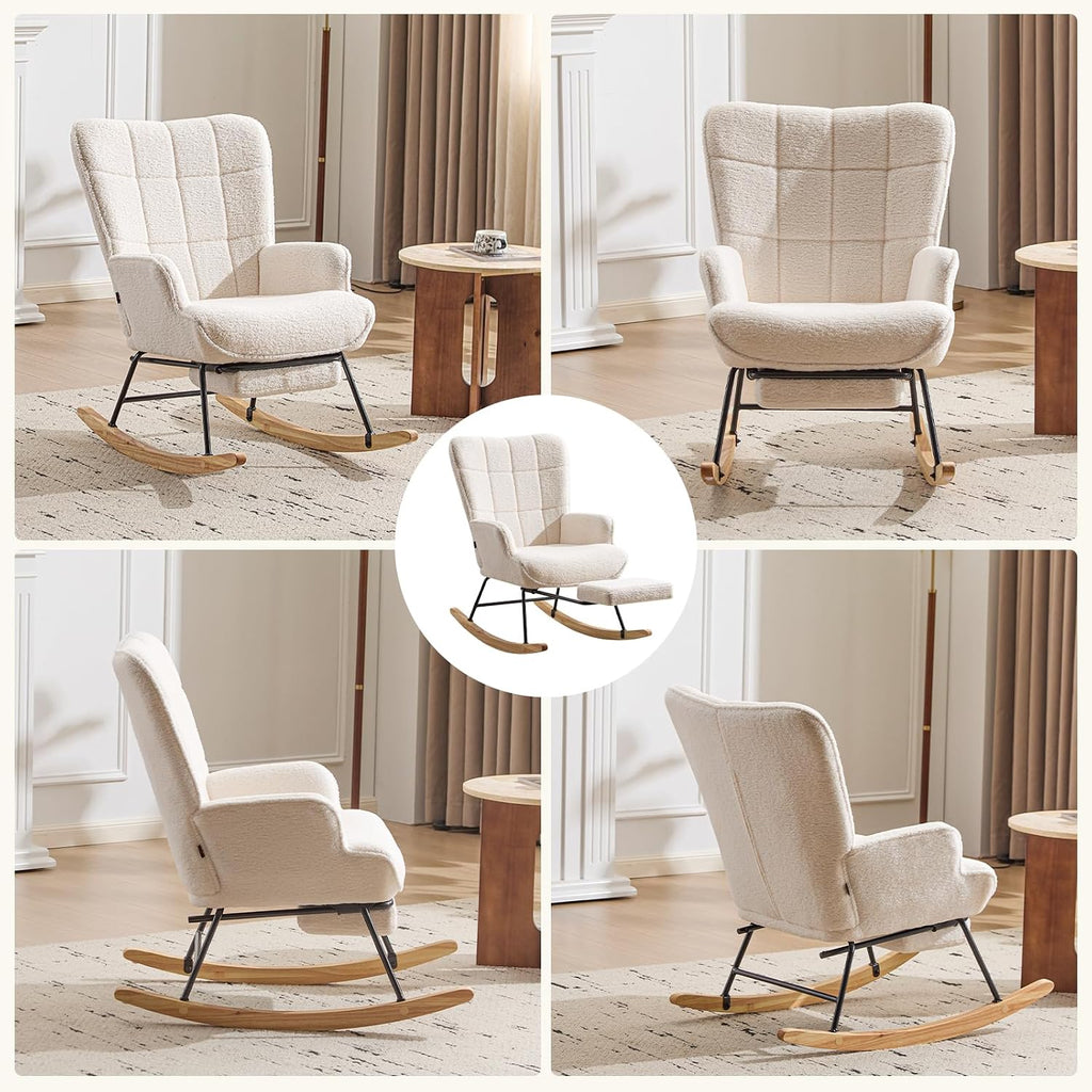 Furniliving Nursery Rocking Chair Modern Armchair Upholstered Glider Rocking Chair Accent Chair with Retractable Footrest Reading Chair with High Backrest Solid Wood Base for Bedroom, White, Teddy