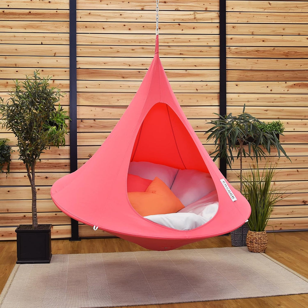 Single Cacoon Hanging Chair – Cozy Indoor/Outdoor Hammock with Polyester Canvas, 440 lb Capacity, Includes 18ft Rope & Carabiner (Coral Rose)