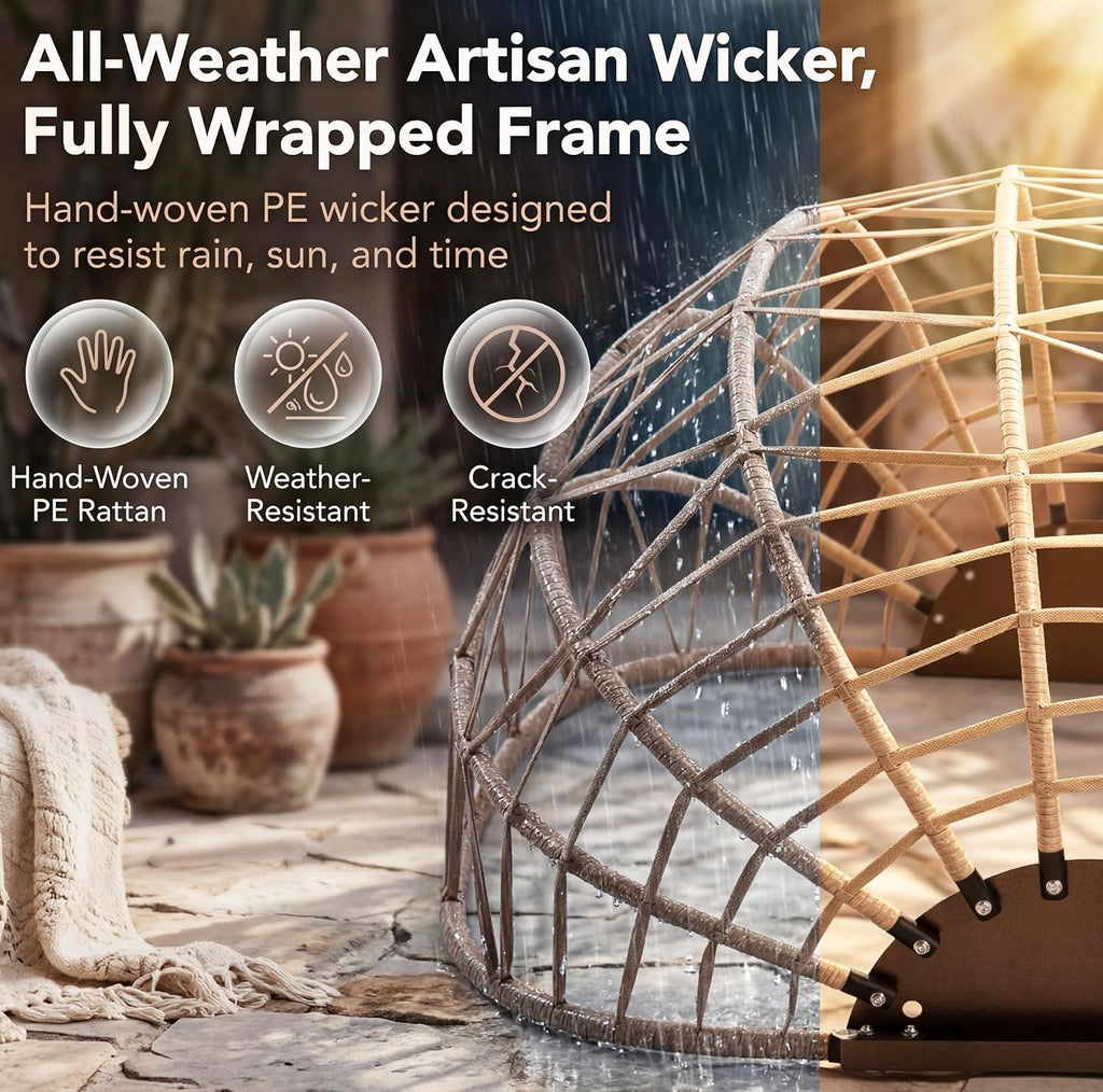NICESOUL Double Egg Chair Outdoor Indoor, Oversized 2 Person Swing with Stand, All-Weather Wicker Large Hanging Loveseat, Heavy Duty Patio Swinging Seat with Cushion for Balcony, Beige & Teal