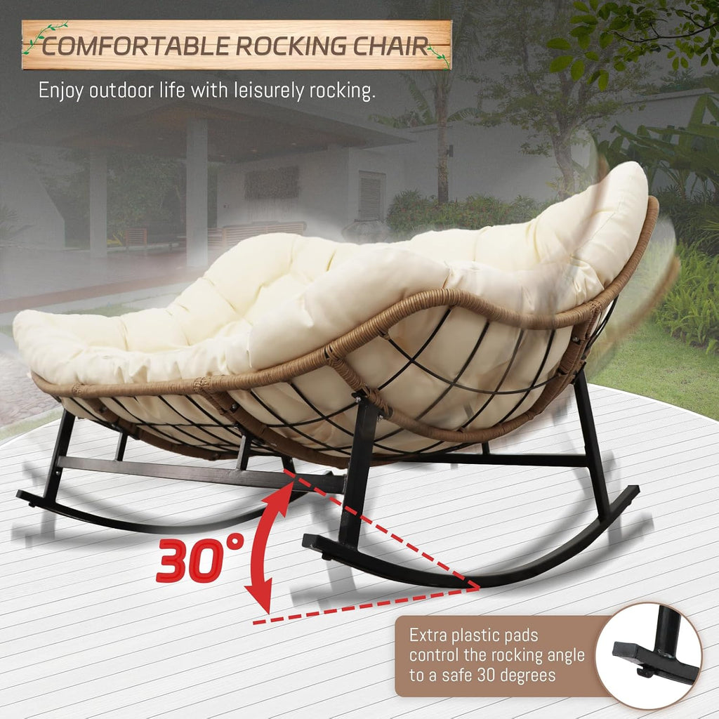 BULEXYARD Double Papasan Rocking Chair Outdoor, 2 Person Oversized Wicker Patio Egg Rocking Chair with Cushion, Heavy Duty Comfy Loveseat for Balcony, Porch, Garden