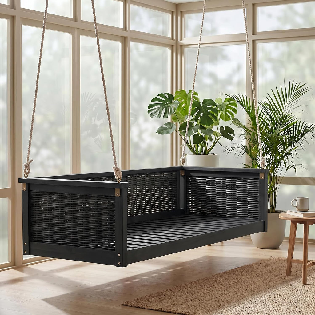 Acacia Wood & Rattan Twin Size Outdoor Swing Bed with Hanging Ropes - 3 Color Options for Backyard or Porch Relaxation (Black/RR)