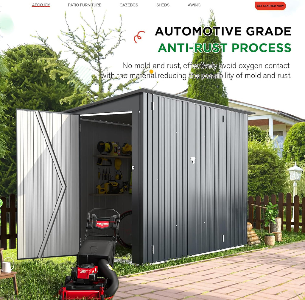 AECOJOY 4'x7' Outdoor Storage Lean to Shed,7x4 Outdoor Horizontal Metal Sheds & Outdoor Storage with Triple Lockable Door, Small Metal Storage Cabinet for Bicycles, Tools Storage for Garden Use