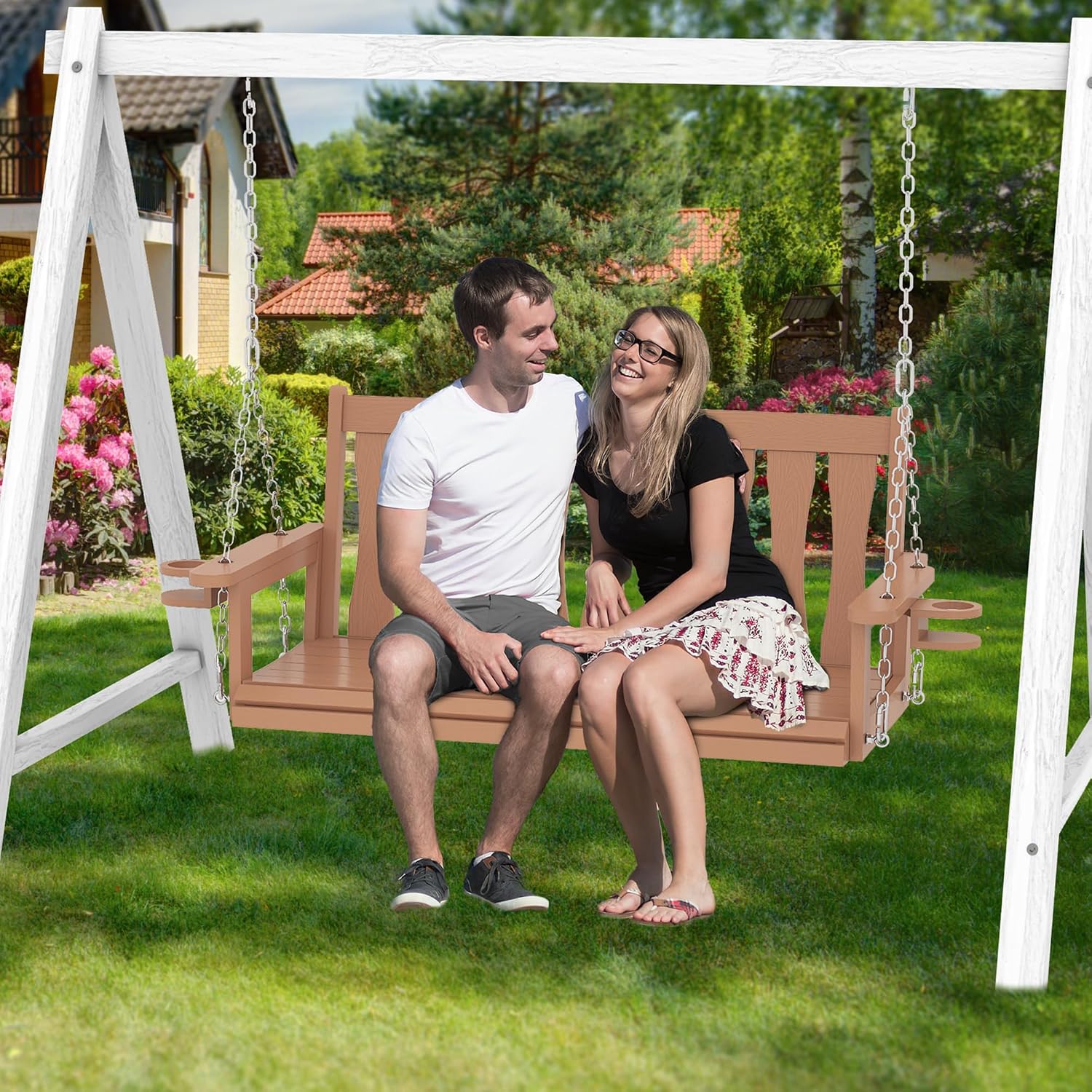 HIPS All-Weather Outdoor Hanging Porch Swing,2 Seat Hanging Swing Bench with Cup Holders,Patio Swing Chair with Hanging Chains for Courtyard & Garden