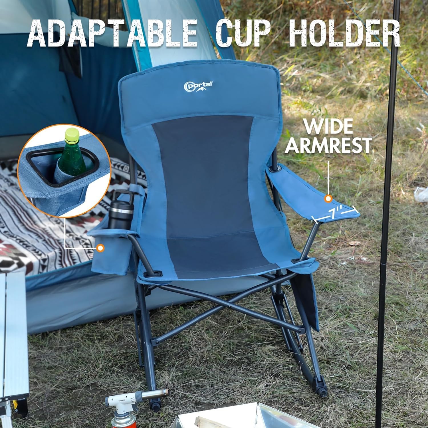 Portal Folding Camping Rocking Chair Portable Outdoor Rocker High Back Cup Holder Side Pocket Carry Bag Included, Support 300 lbs