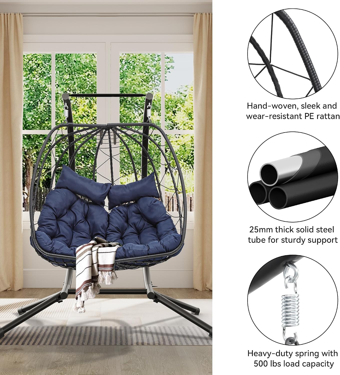 YITAHOME Hanging Egg Swing Chair with Stand Double Egg Chair 2 Person Wicker Chair Indoor Outdoor Hammock Egg Chair with Cushions 500lbs for Patio, Bedroom, Garden and Balcony, Navy Blue