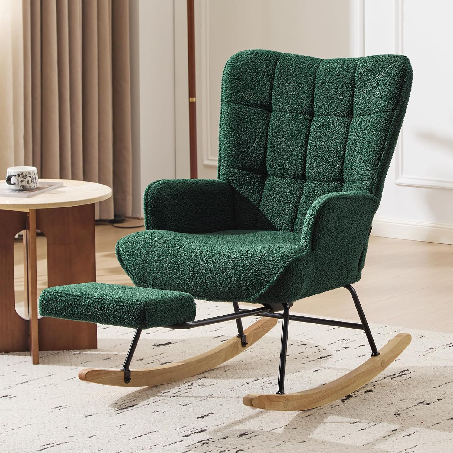 Furniliving Nursery Rocking Chair Upholstered Glider Rocking Chair Modern Accent Chair with Retractable Footrest Reading Chair with High Backrest Comfy Chair for Living Room, Green, Teddy