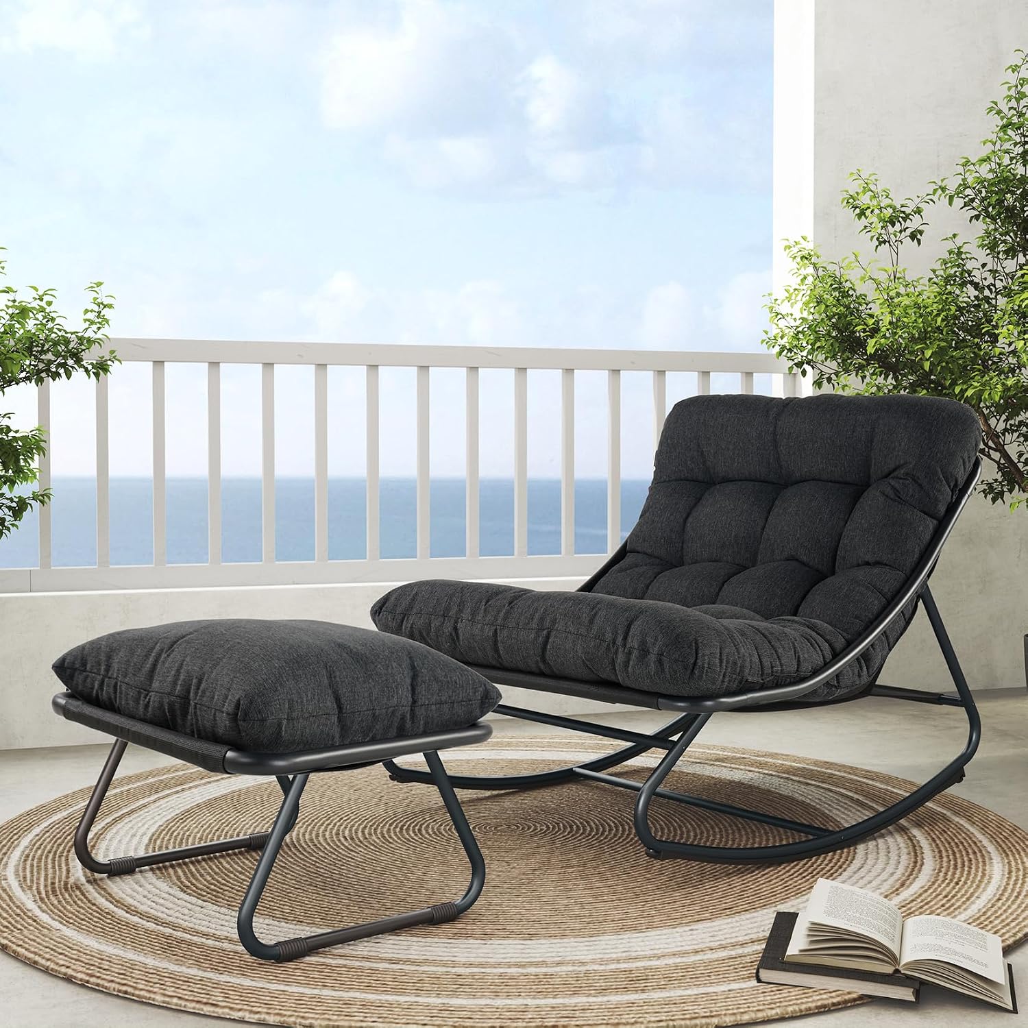 Grand patio Rocking Chair with Foot Stool, Metal Outdoor Rocking Chair with Cushion and Foot Rest, Comfy Lounge Rocker for Living Room Porch Patio, Dark Gray