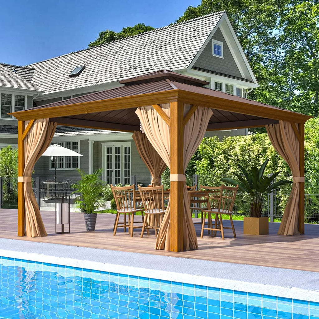 EROMMY 12' x 12' Gazebo, Wooden Finish Coated Aluminum Frame Canopy with Double Galvanized Steel Hardtop Roof, Outdoor Permanent Metal Pavilion with Curtains and Nettings for Patio, Backyard and Deck