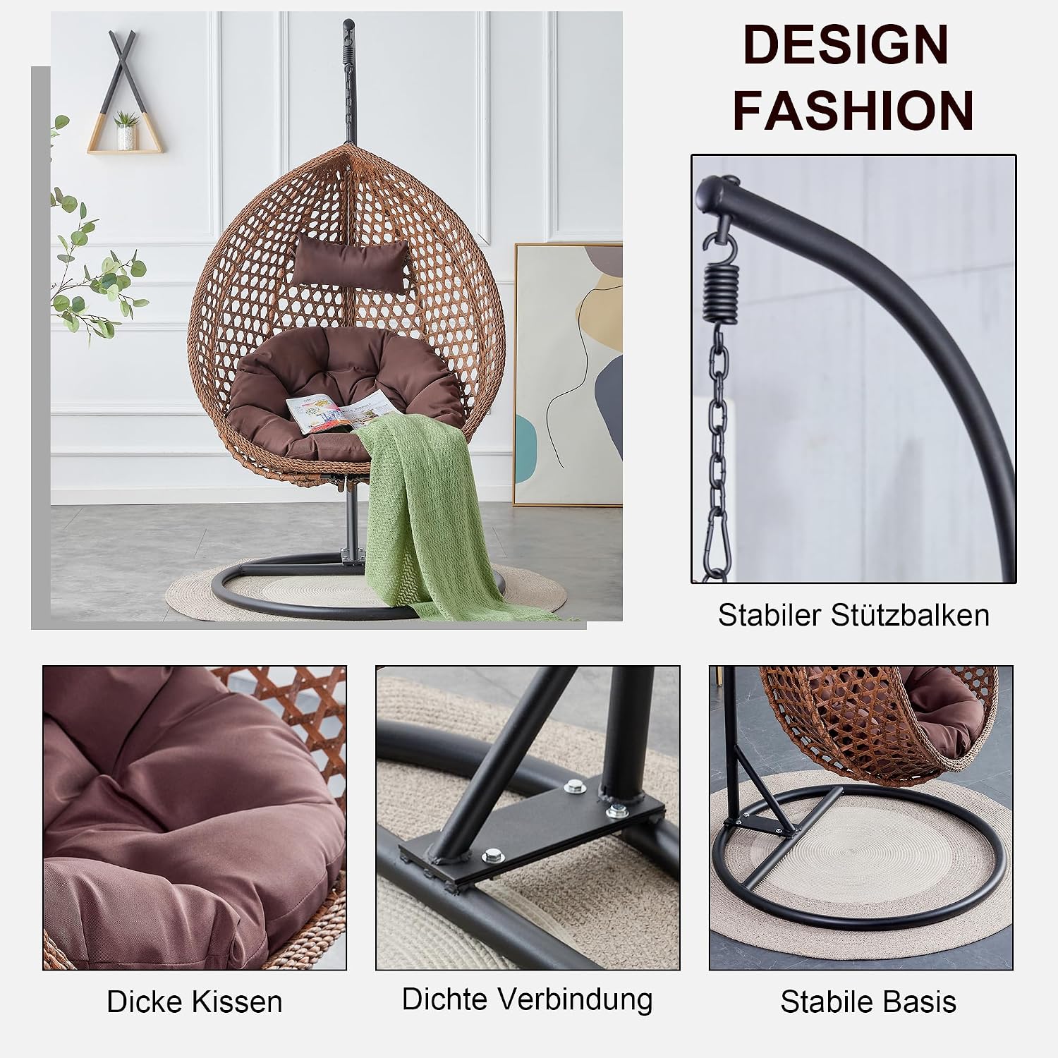 Brown Egg Swing Chair with Stand,Hanging Egg Chair Indoor Outdoor with Cushion and Pillow,Modern Wicker Swing Chair,300lbs Capacity for Porch,Patio,Garden, Bedroom, Balcony,Yard