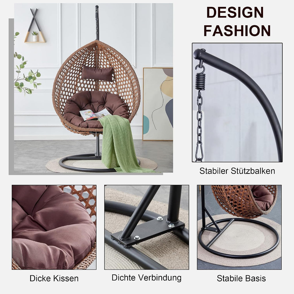 Egg Chair Indoor Outdoor, Hanging Chair for Bedroom, Swing Chair Hammock with Stand & Cushions, Comfy Swinging Chair Adult Reading Chair for Patio Balcony Backyard, Heavy Duty 350LBS, Brown
