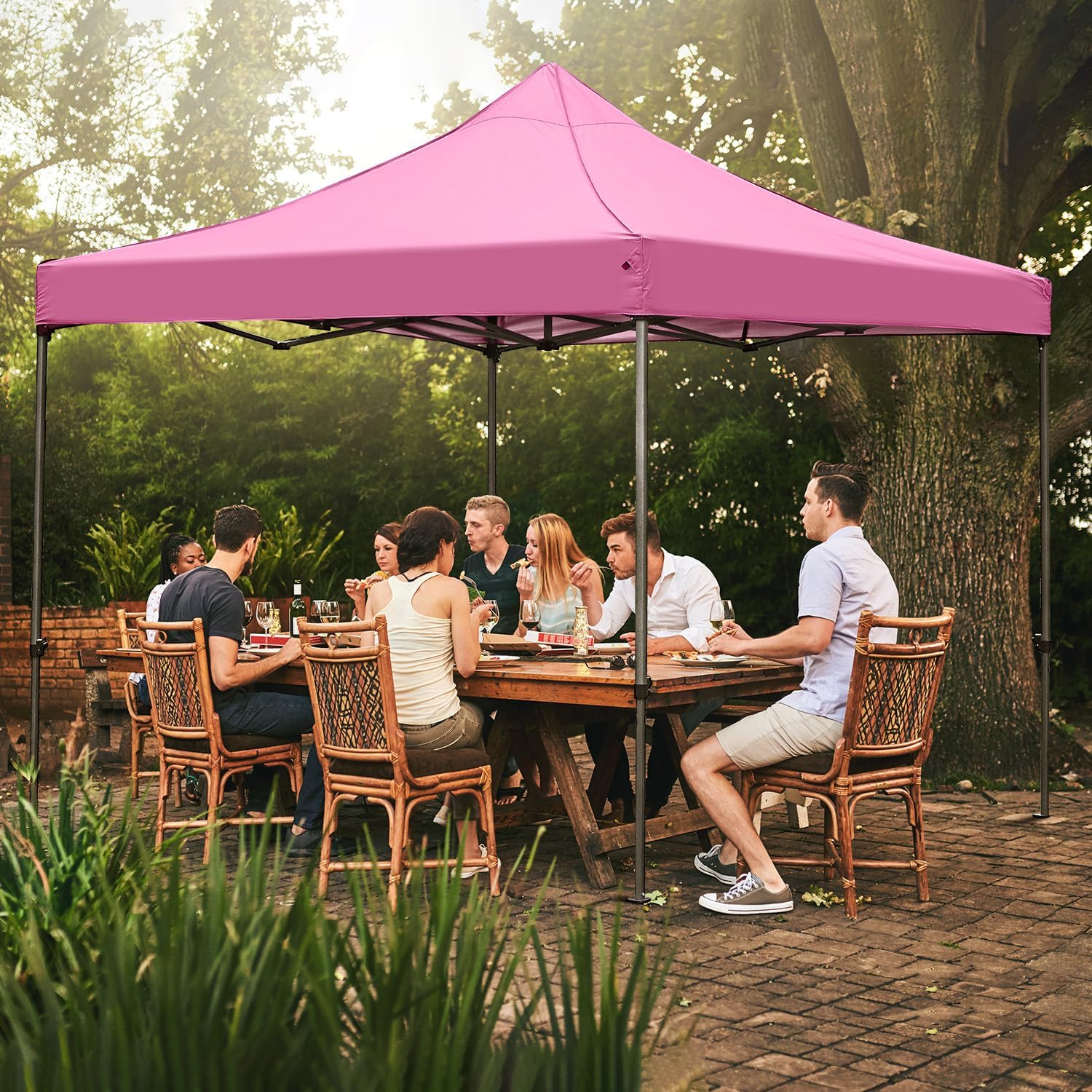GDY 10x10 Ft Steeple Outdoor Pop Up Canopy Tent, Commercial Portable Instant Folding Gazebos, Patio Canopies with Wheel Bag, Pink.